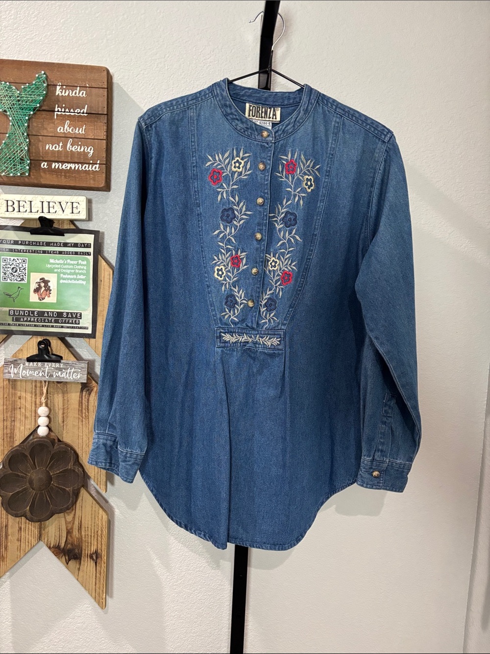 Vintage Forenza Blue Denim Embroidered Button-Front Tunic NWOT 22pp 29L